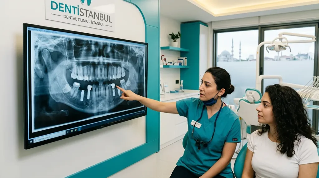 Dentist reviewing dental X-ray with implants with patient